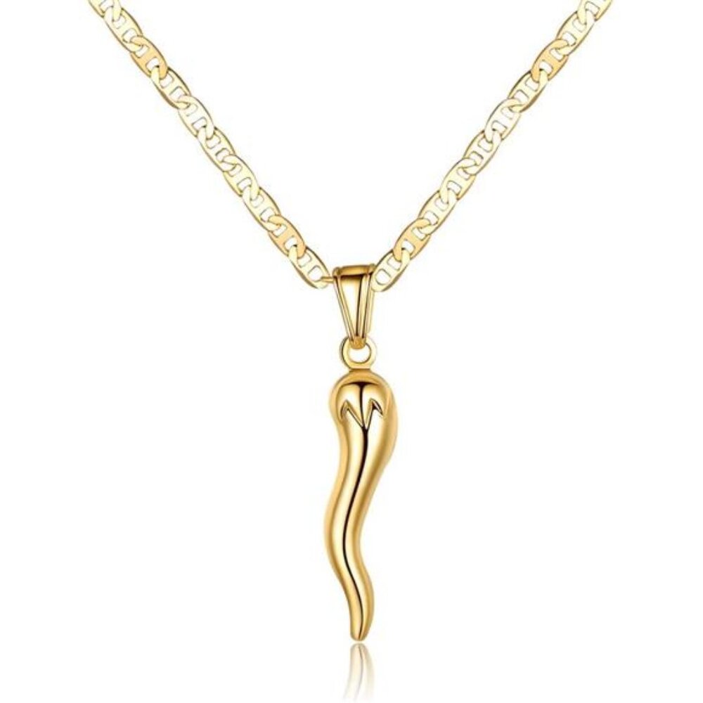 18K Gold Plated Flat Marina Chain with Italian Horn Pendant – Cornicello Necklac